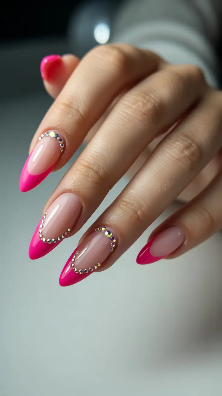 pastel colorful spring nails 2026 Hot Pink French with Crystal Cuticle Detail