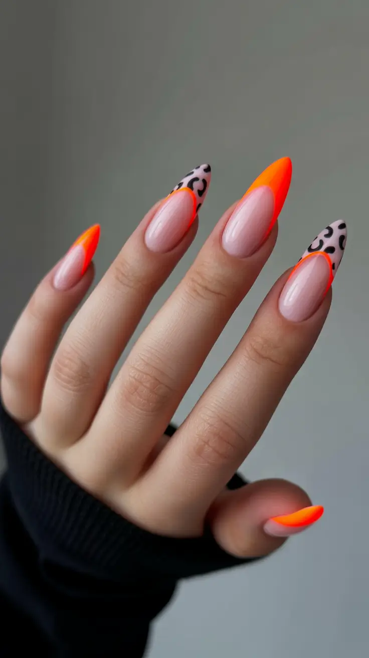 pastel colorful spring nails 2026 Neon Coral Graphic French with Abstract Accent