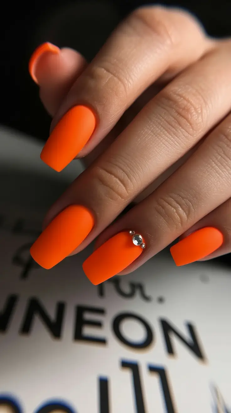 pastel colorful spring nails 2026 Matte Tangerine Square with Minimal Crystal Accent