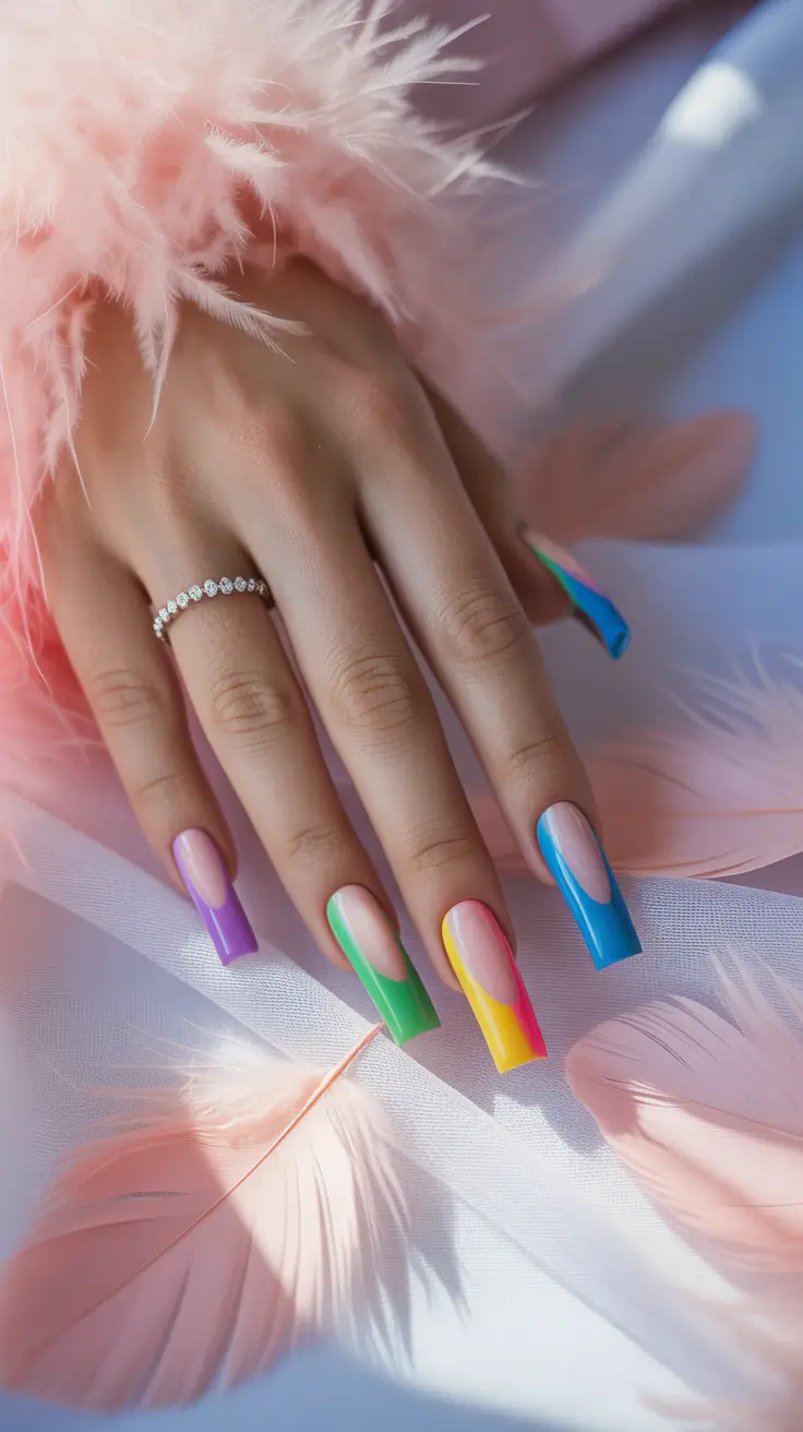 pastel colorful spring nails 2026 Rainbow French Coffin with Soft Blush Base