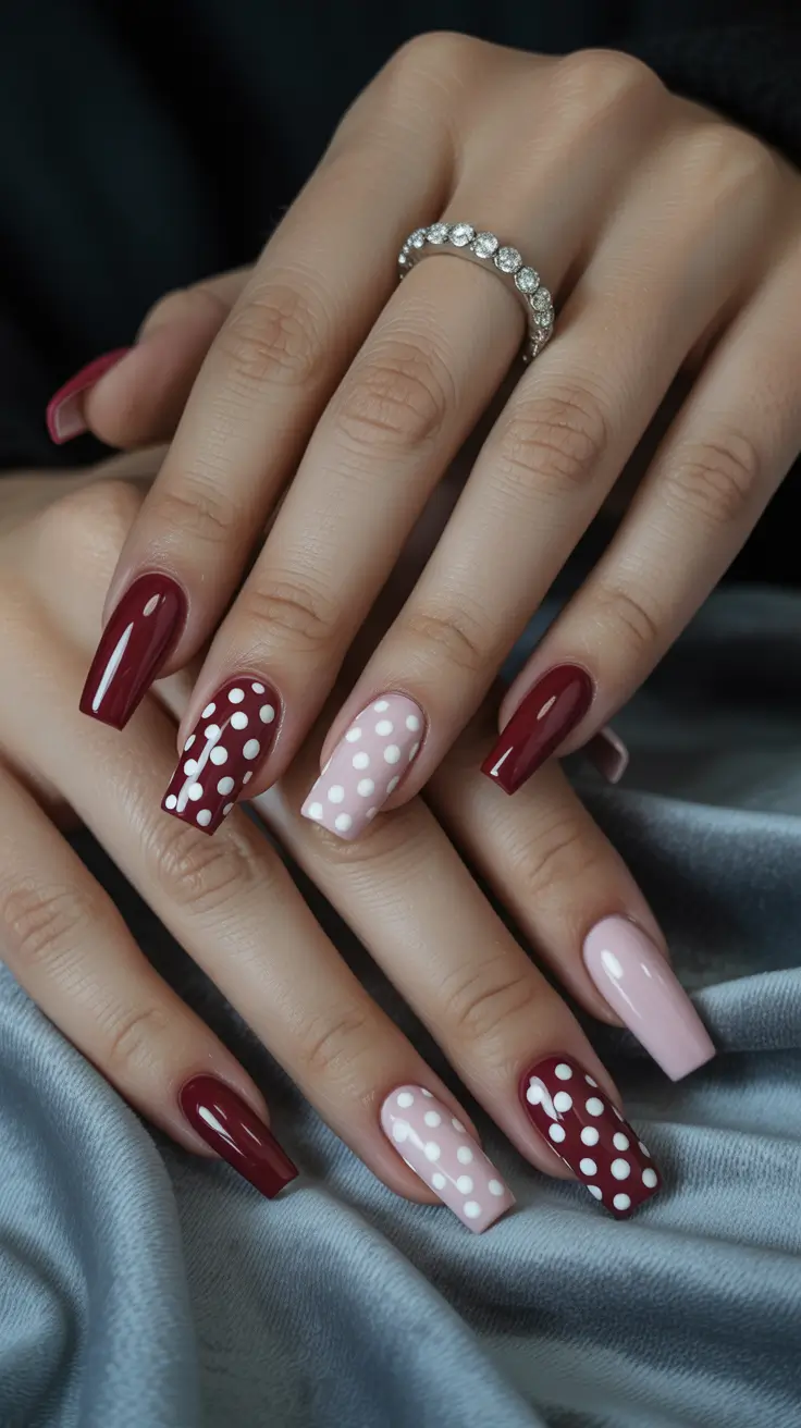 pastel colorful spring nails 2026 Burgundy & Blush Polka Dot Mix