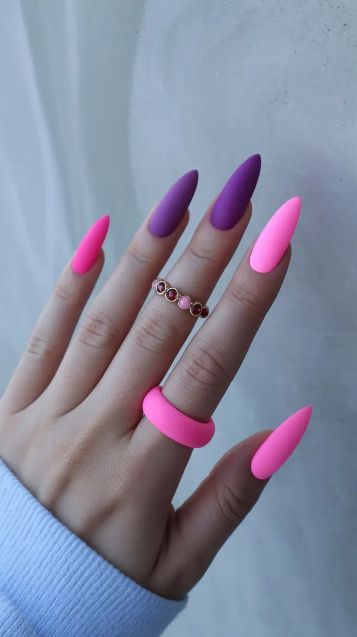 pastel colorful spring nails 2026 Matte Pink & Purple Stiletto Contrast