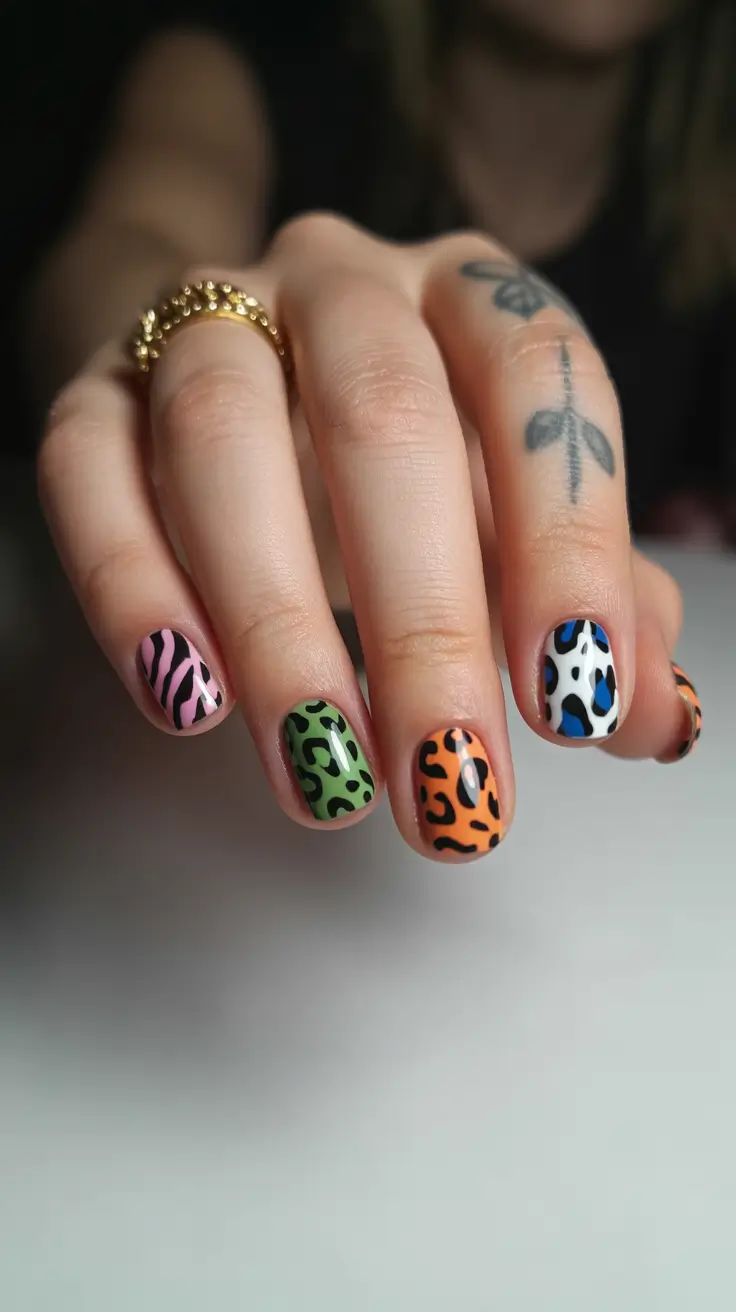 pastel colorful spring nails 2026 Mixed Animal Print in Playful Pastels