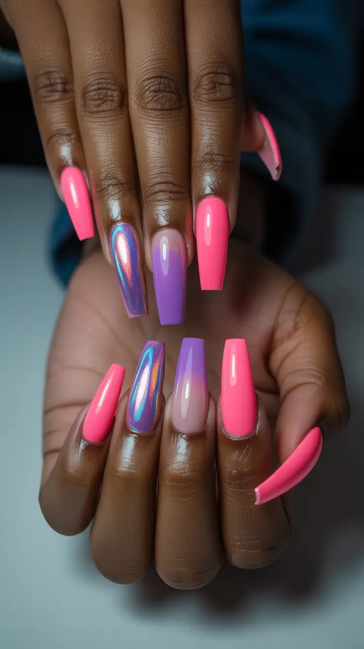 pastel colorful spring nails 2026 Pink and Lavender Chrome Accent Drama