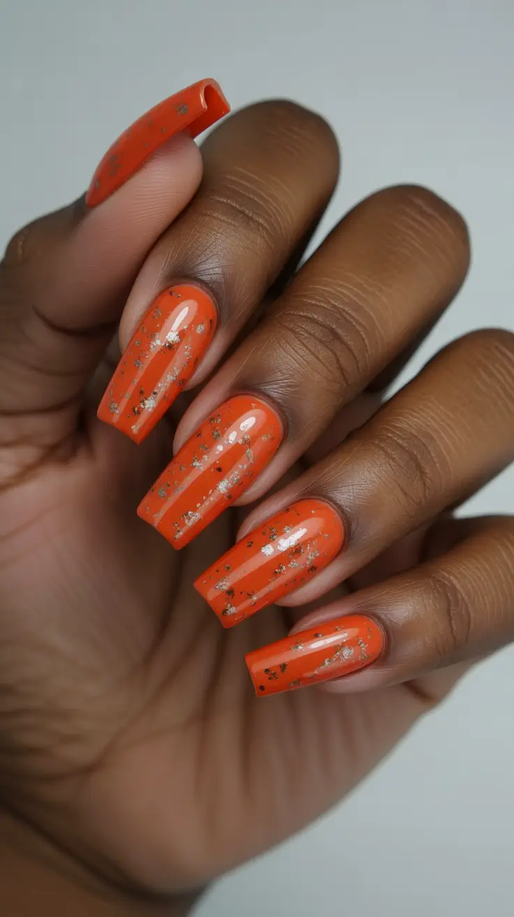 pastel colorful spring nails 2026 Glossy Tangerine with Gold Flecks