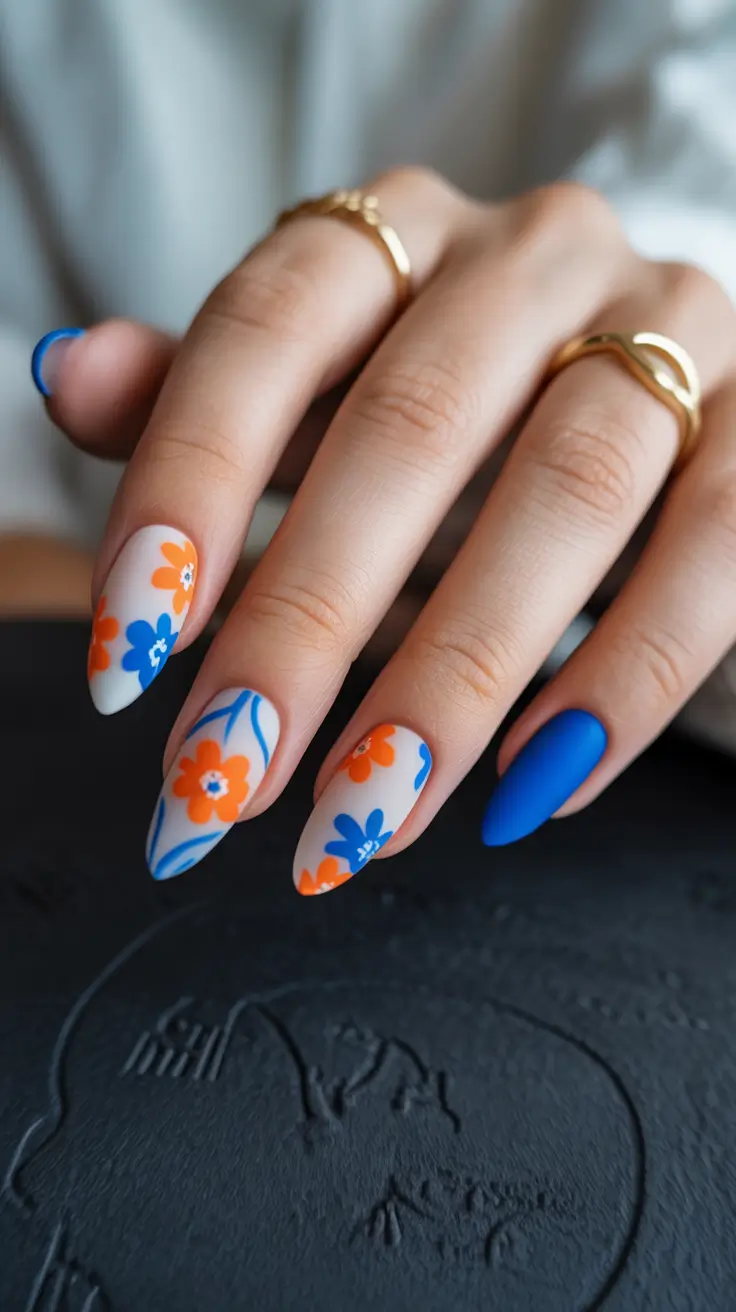 pastel colorful spring nails 2026 Retro Blue & Orange Floral Almond