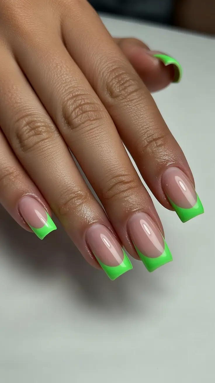 pastel colorful spring nails 2026 Minimal Nude with Neon Green French Tips