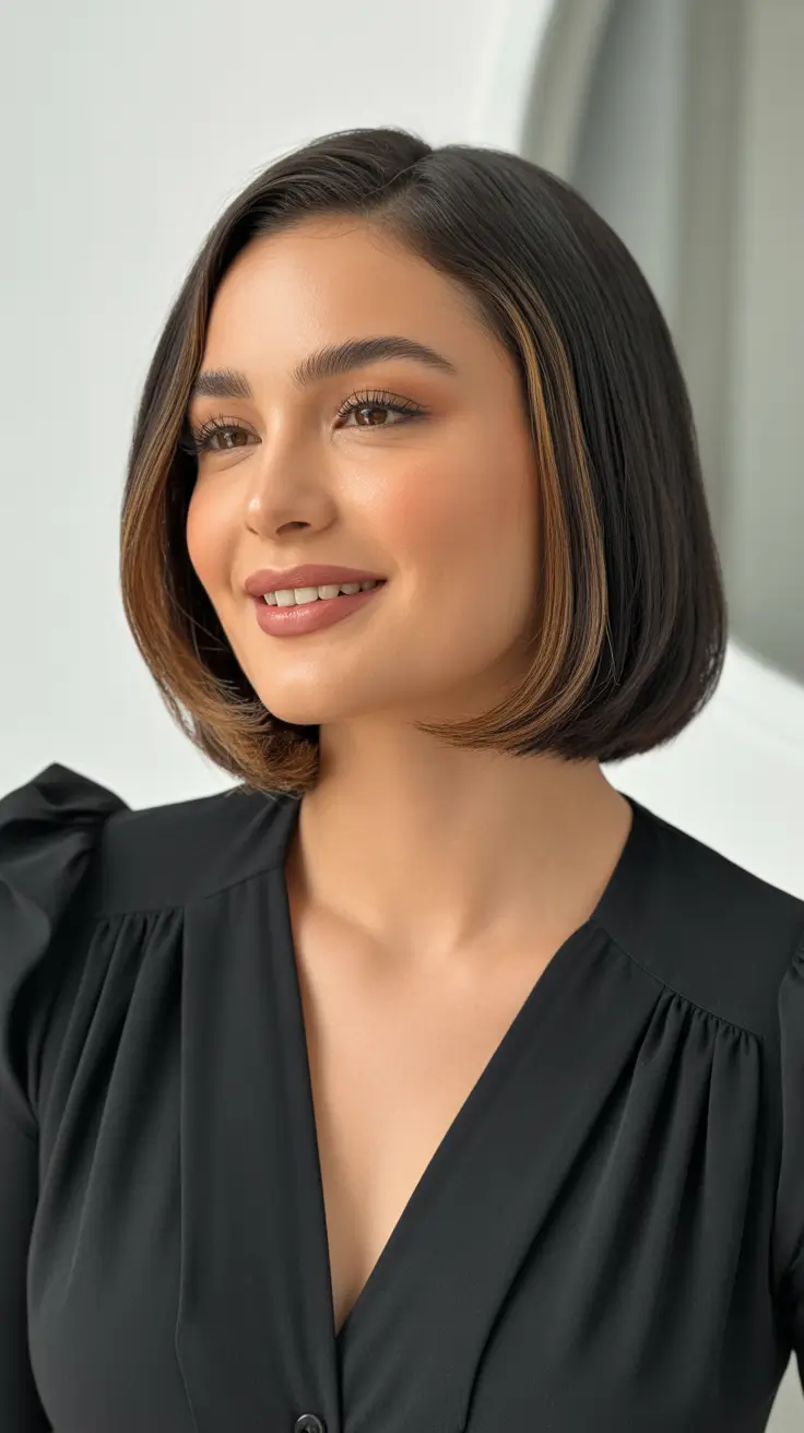 Spring Haircuts for Chubby Faces 2026 Polished Chin-Length Bob with Soft Highlight Veil