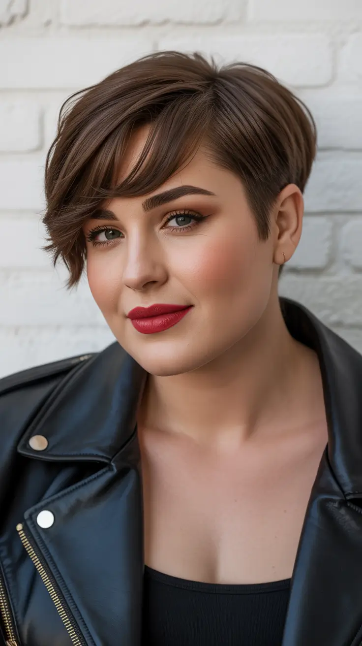 Spring Haircuts for Chubby Faces 2026 Chic Side-Swept Pixie with Sharp Detailing