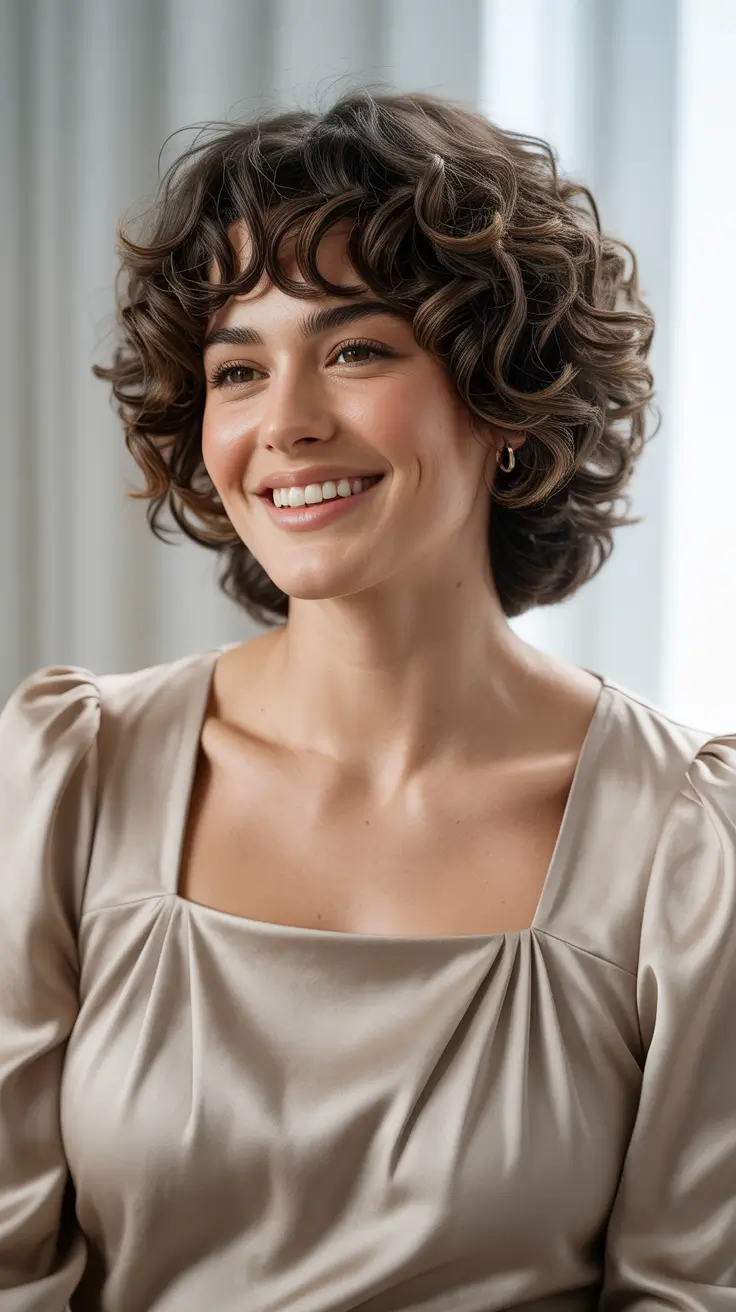 Spring Haircuts for Chubby Faces 2026 Bouncy Curly Crop with Rounded Silhouette