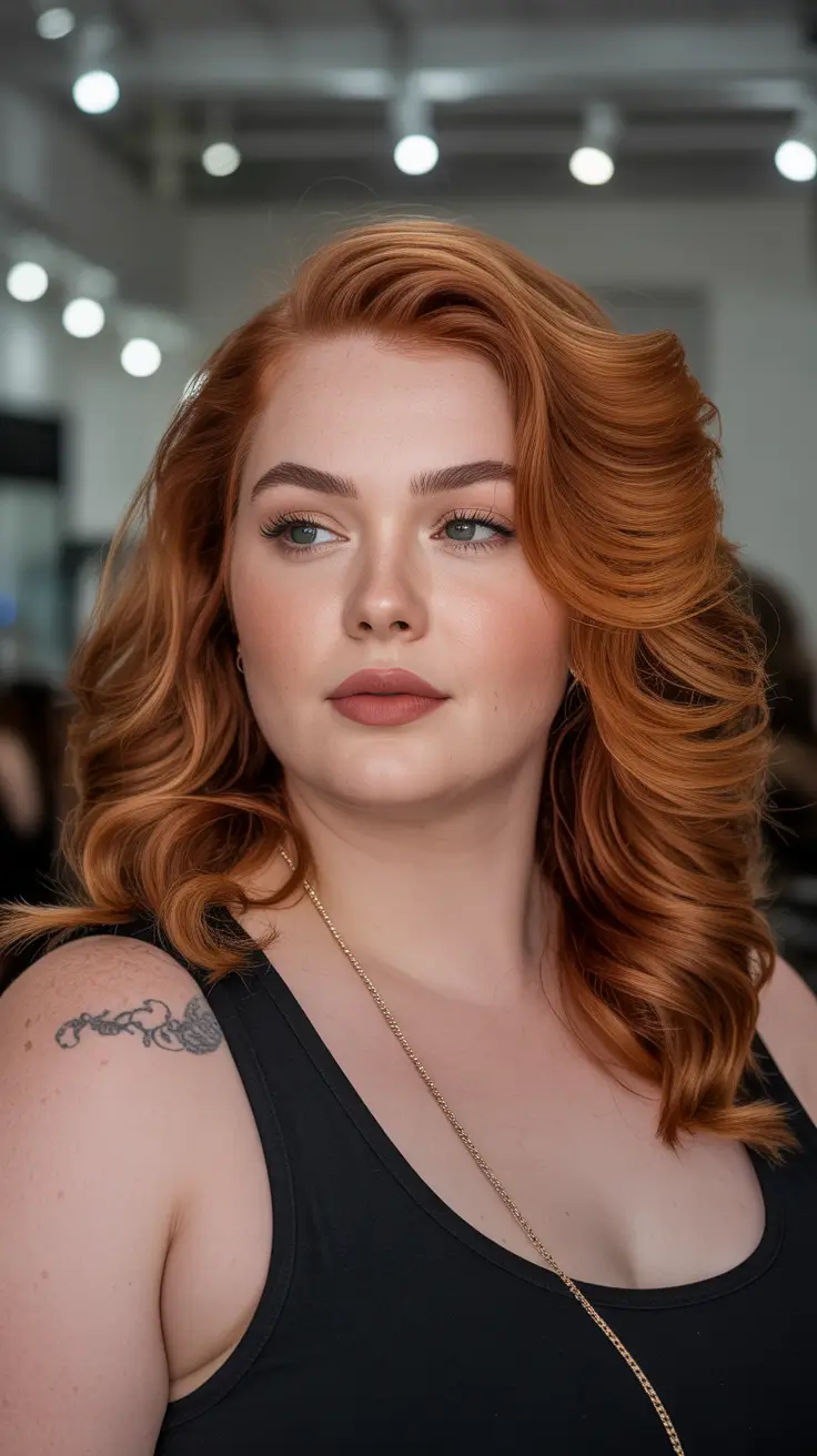 Spring Haircuts for Chubby Faces 2026 Voluminous Auburn Curls with Retro Lift