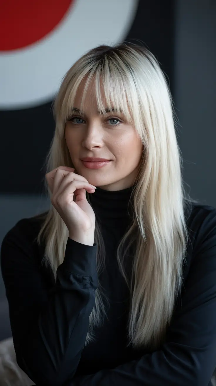 stylish spring blonde hair color looks 2026 Sleek Long Blonde With Wispy Spring Fringe