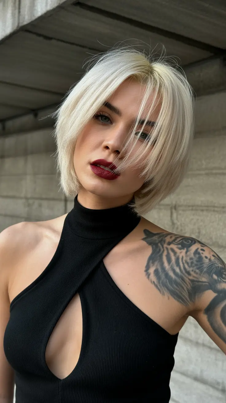 stylish spring blonde hair color looks 2026 Edgy Textured Platinum Bob With Cool Attitude