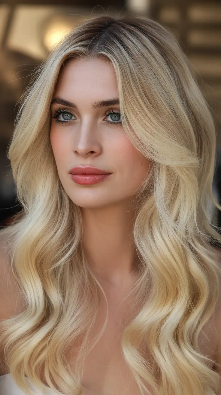 stylish spring blonde hair color looks 2026 Golden Champagne Waves With Soft Radiance