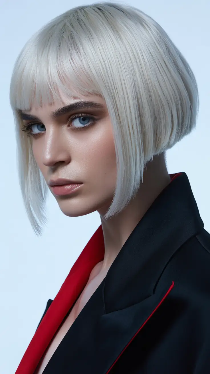 stylish spring blonde hair color looks 2026 Ice-Silver Precision Bob With Sculpted Fringe