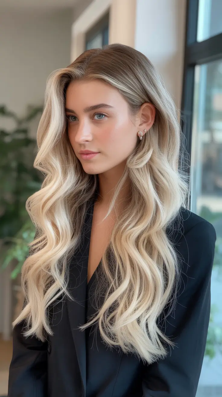 stylish spring blonde hair color looks 2026 Rooted Vanilla Blonde Waves With Natural Depth