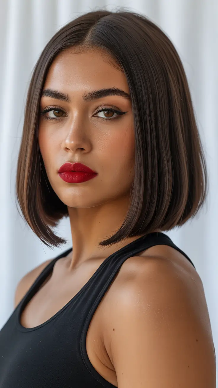 stylish spring hair color ideas 2026 to look younger Classic Dark Chocolate Blunt Bob