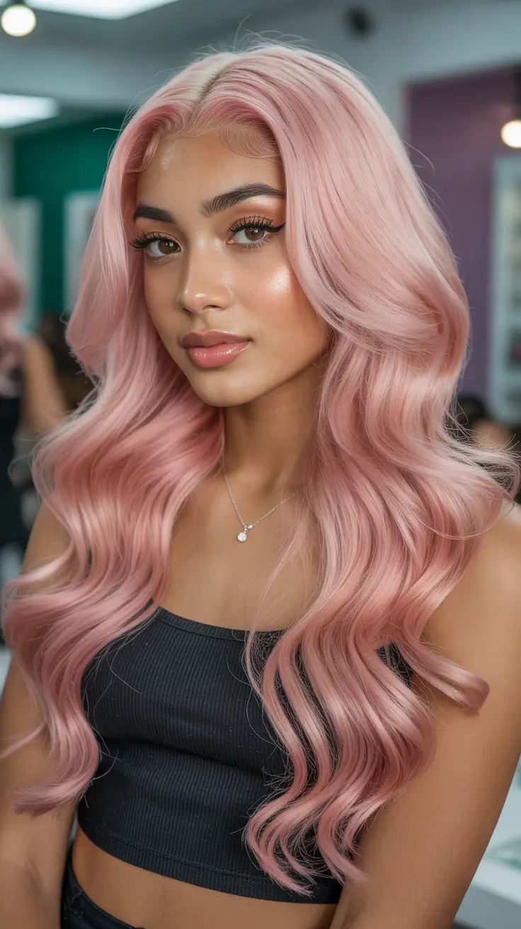 stylish spring hair color ideas 2026 to look younger Blush Rose Waves with Gloss Finish