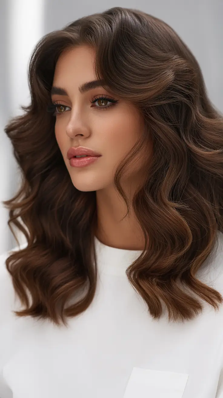 trendy spring brown hair color 2026 Velvety Mid-Length Waves With Soft Dimensional Warmth