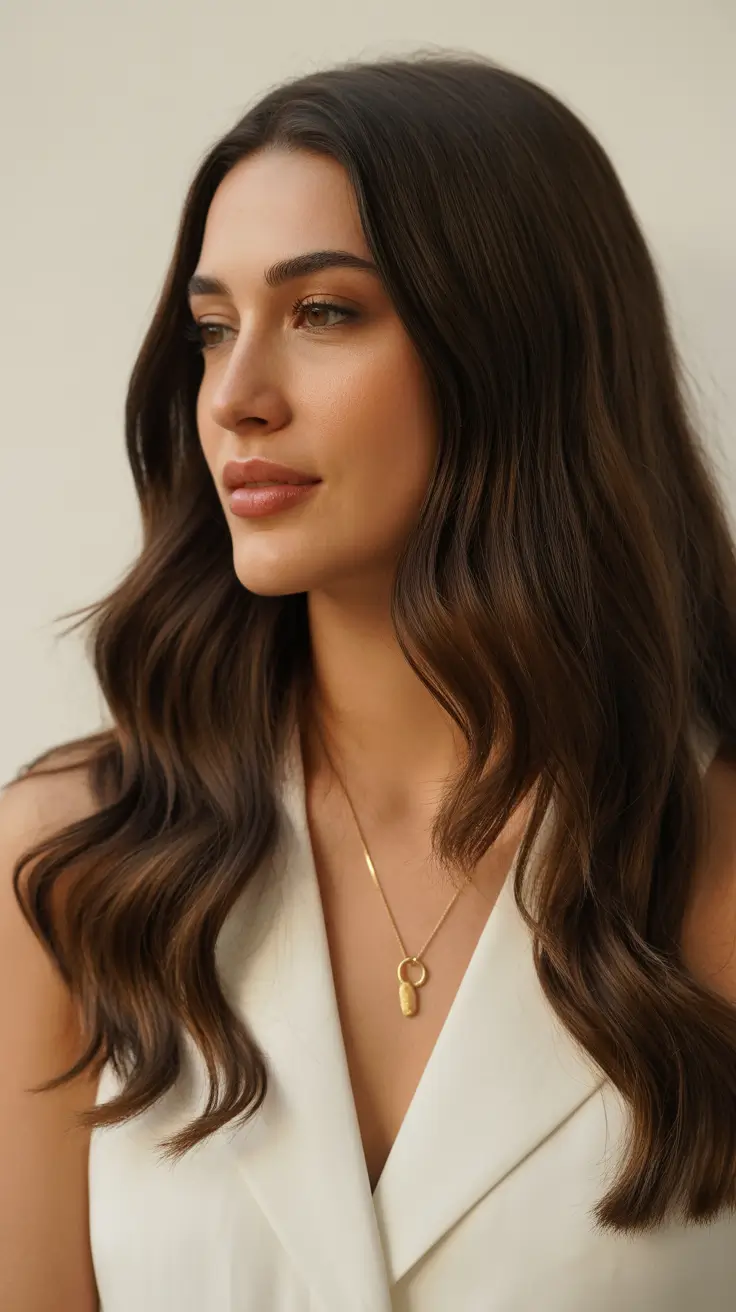 trendy spring brown hair color 2026 Soft Walnut Waves With Gentle Spring Radiance