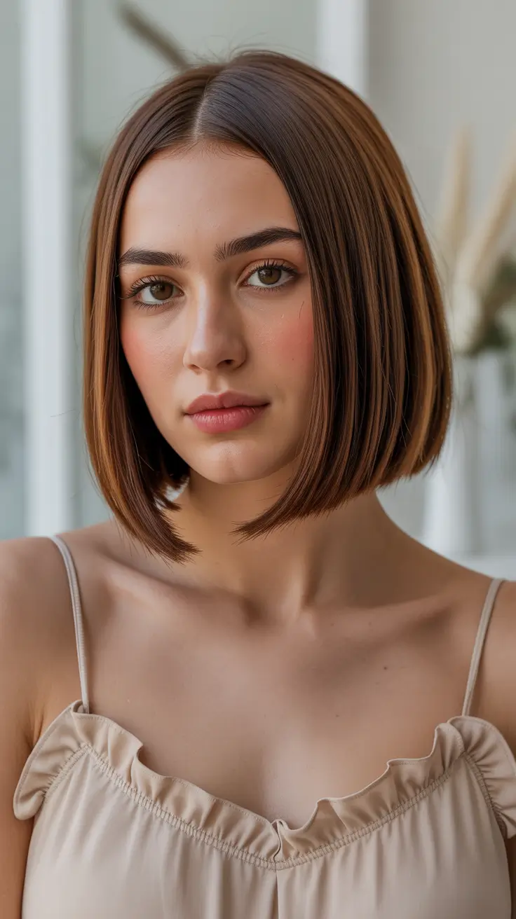 trendy spring brown hair color 2026 Silky Caramel-Brown Bob With a Modern Spring Edge
