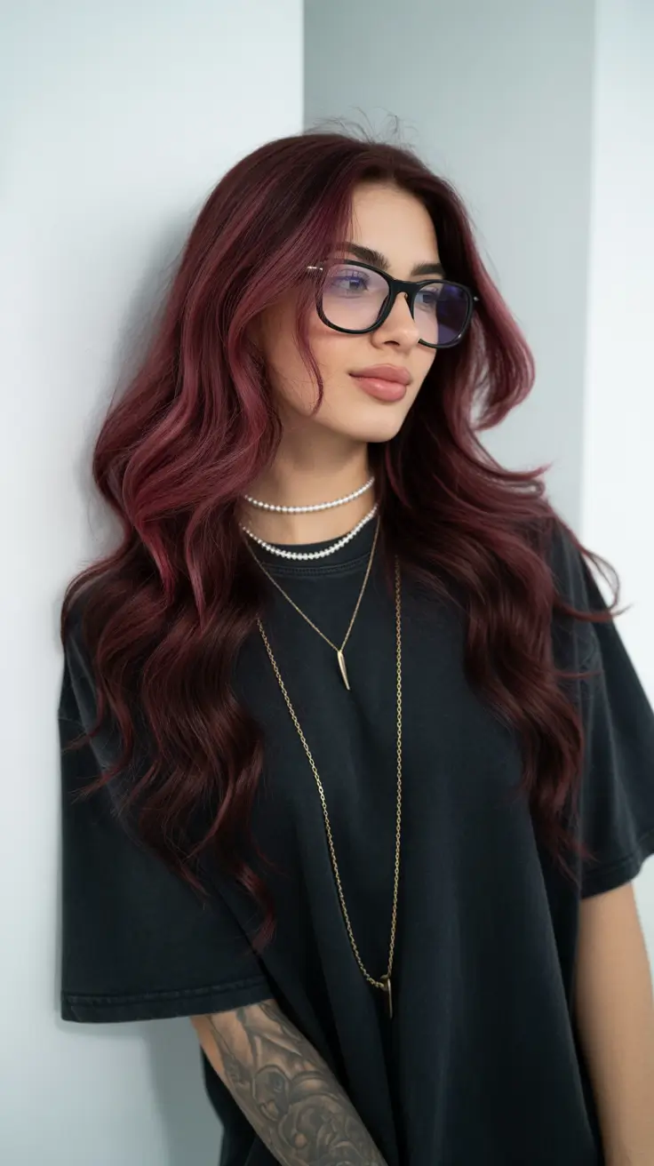 trendy spring brown hair color 2026 Deep Berry-Brown Waves With Spring Drama