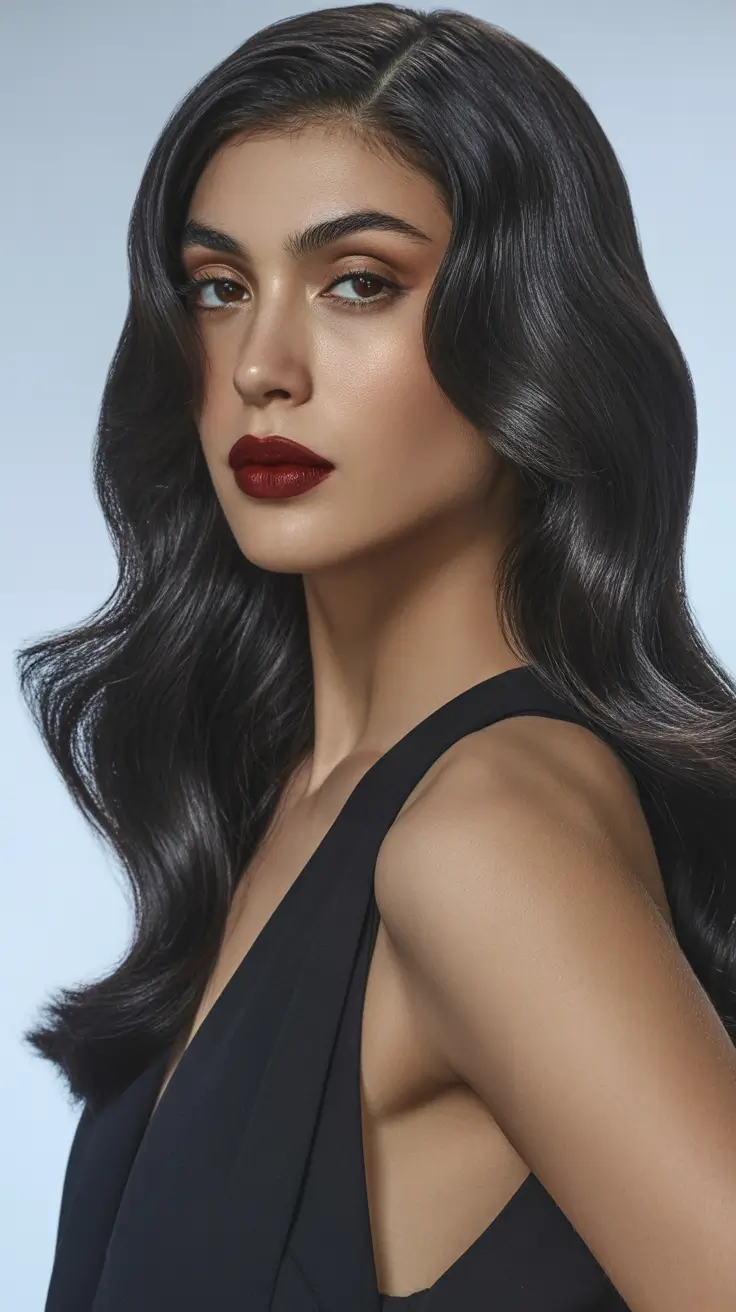 trendy spring brown hair color 2026 Glossy Espresso Waves With Sculpted Spring Definition