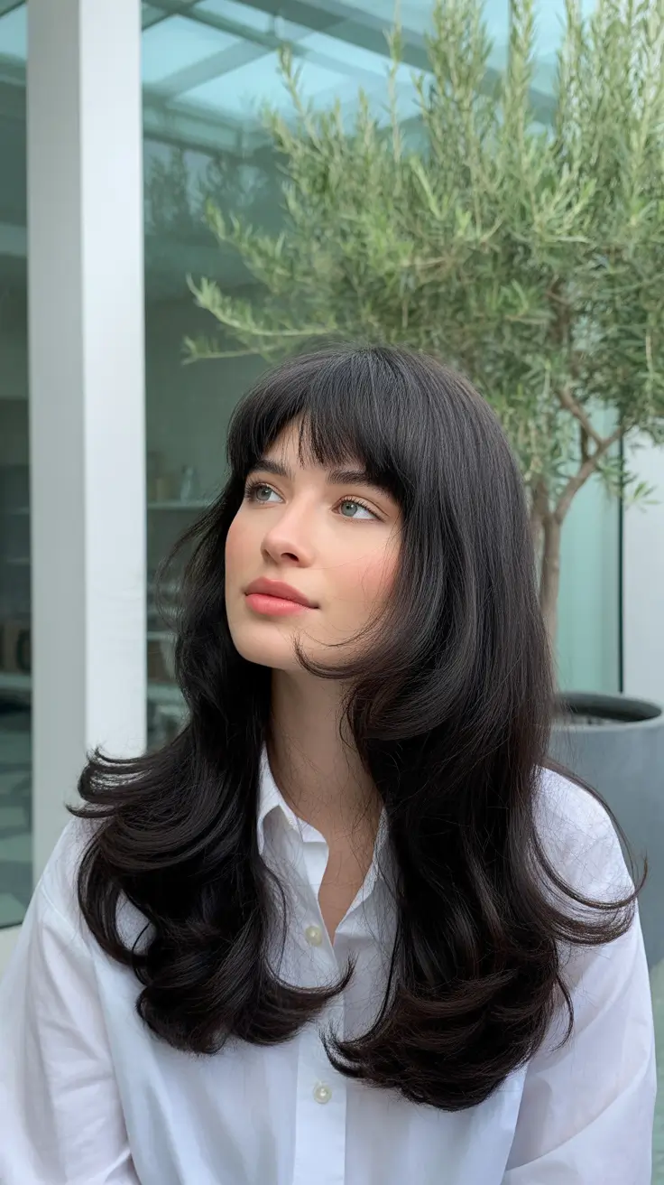 trendy spring brown hair color 2026 Feathered Jet-Brown Layers With Soft Curtain Bangs