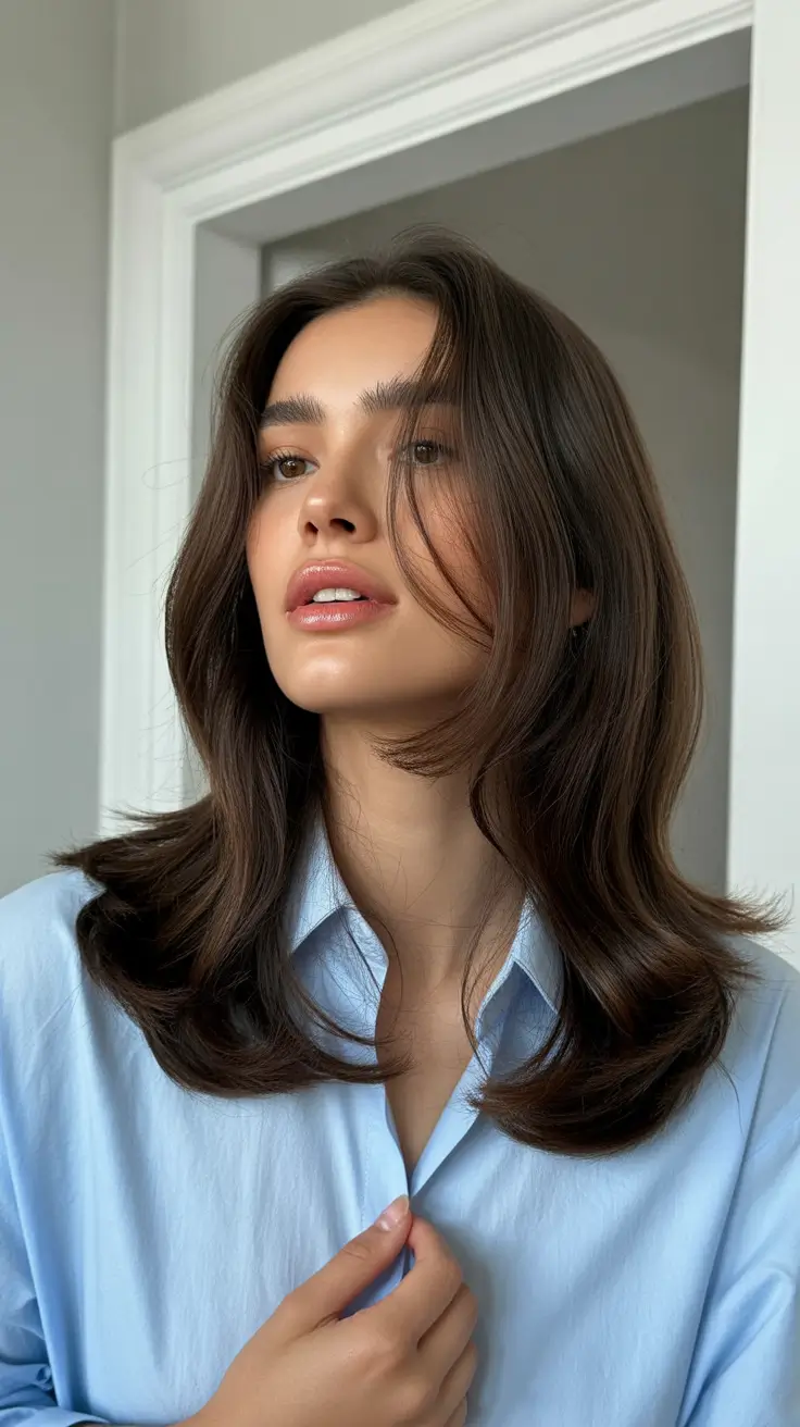 trendy spring brown hair color 2026 Soft Chocolate Layers With Polished Spring Movement