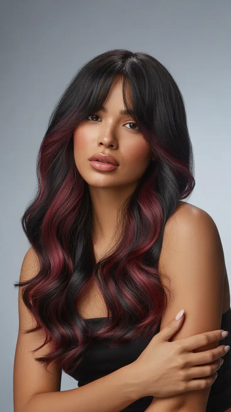 trendy spring brown hair color 2026 Deep Brunette With Plum-Red Balayage Accents