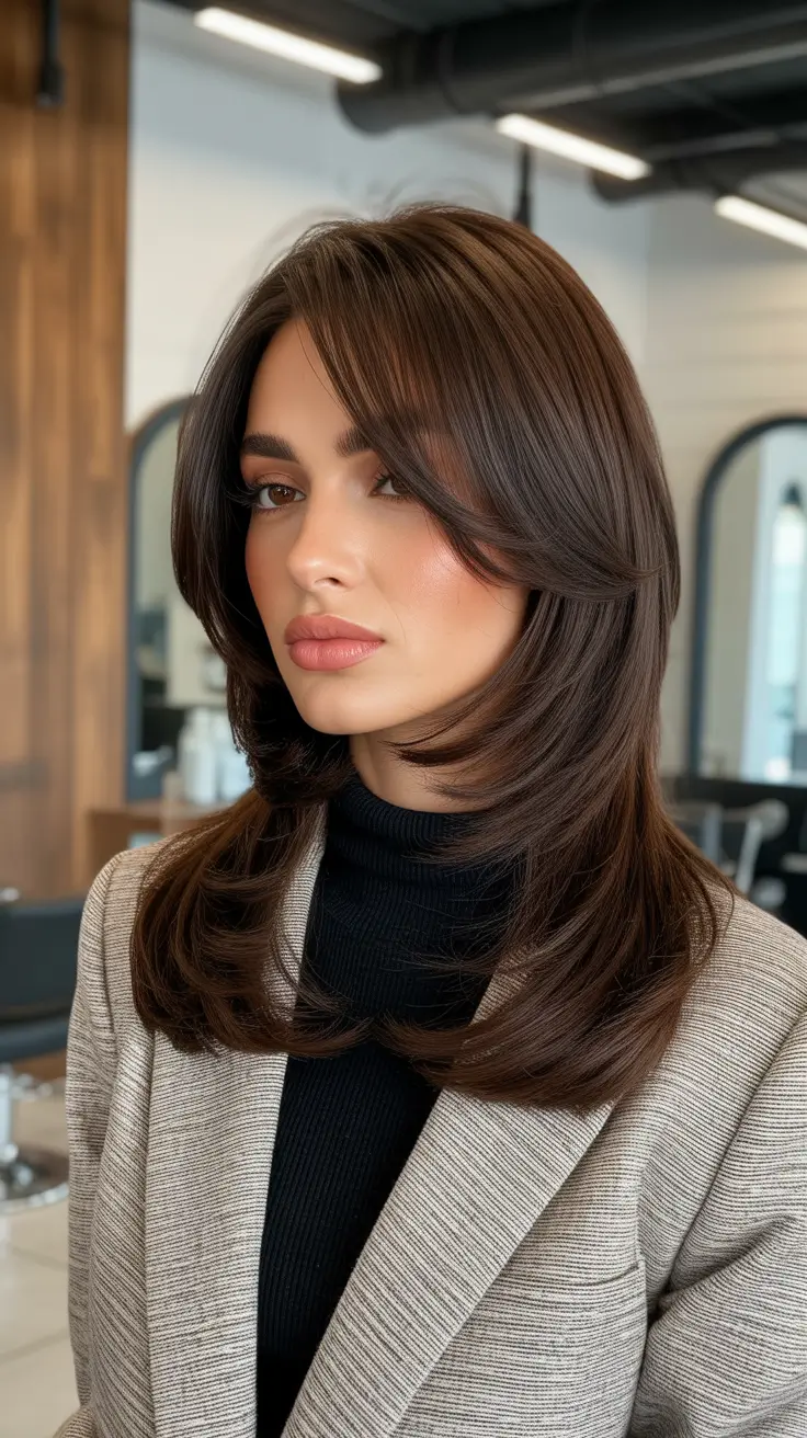 trendy spring brown hair color 2026 Sculpted Layers With a Polished Espresso Gleam