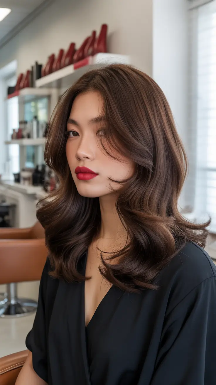 trendy spring brown hair color 2026 Chestnut Brown Volume With Elegant Spring Contouring