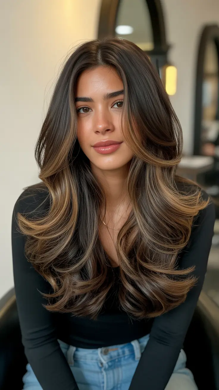 trendy spring brown hair color 2026 Warm Brunette Waves With Honey-Dipped Balayage