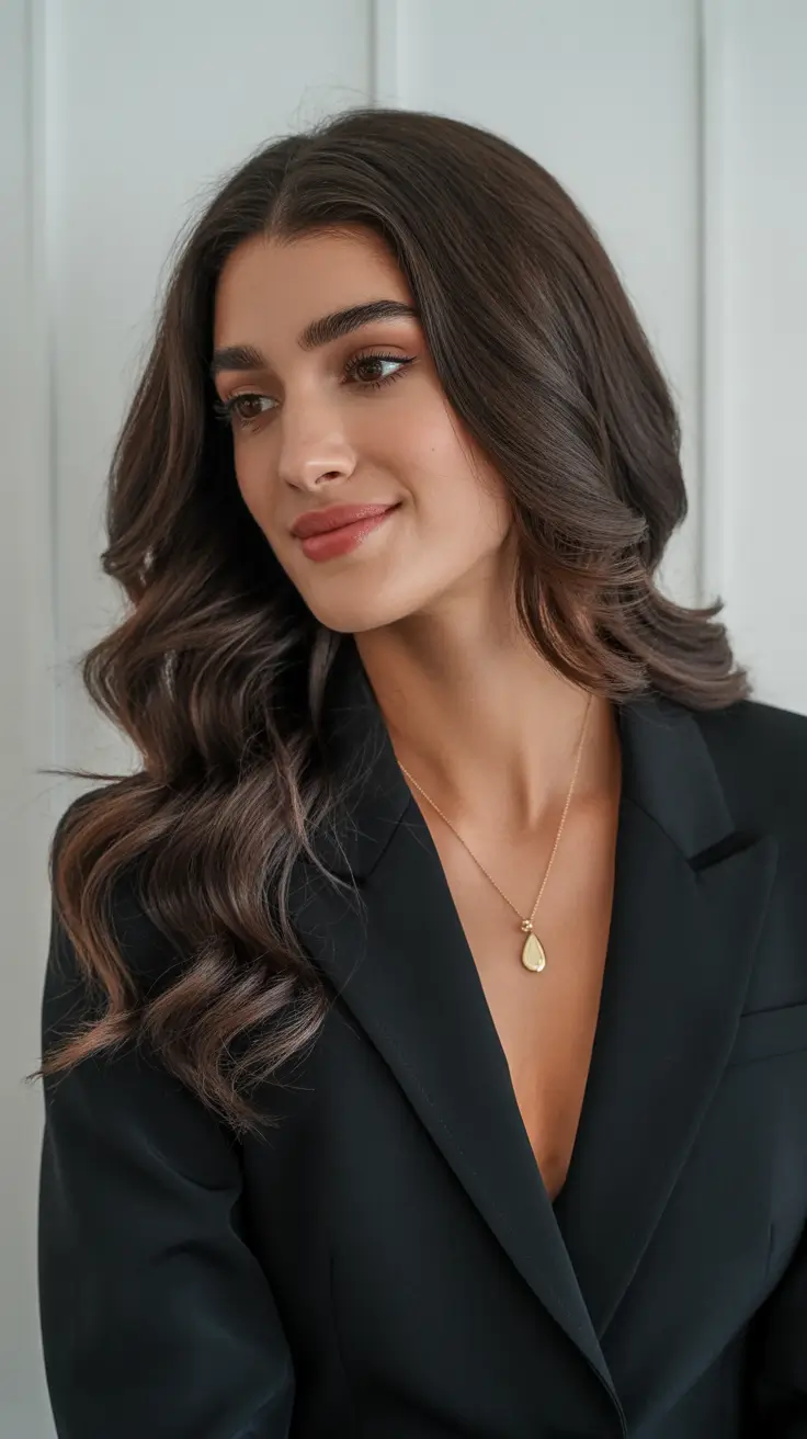 trendy spring brown hair color 2026 Soft Chestnut Waves With Elegant Contour Layers