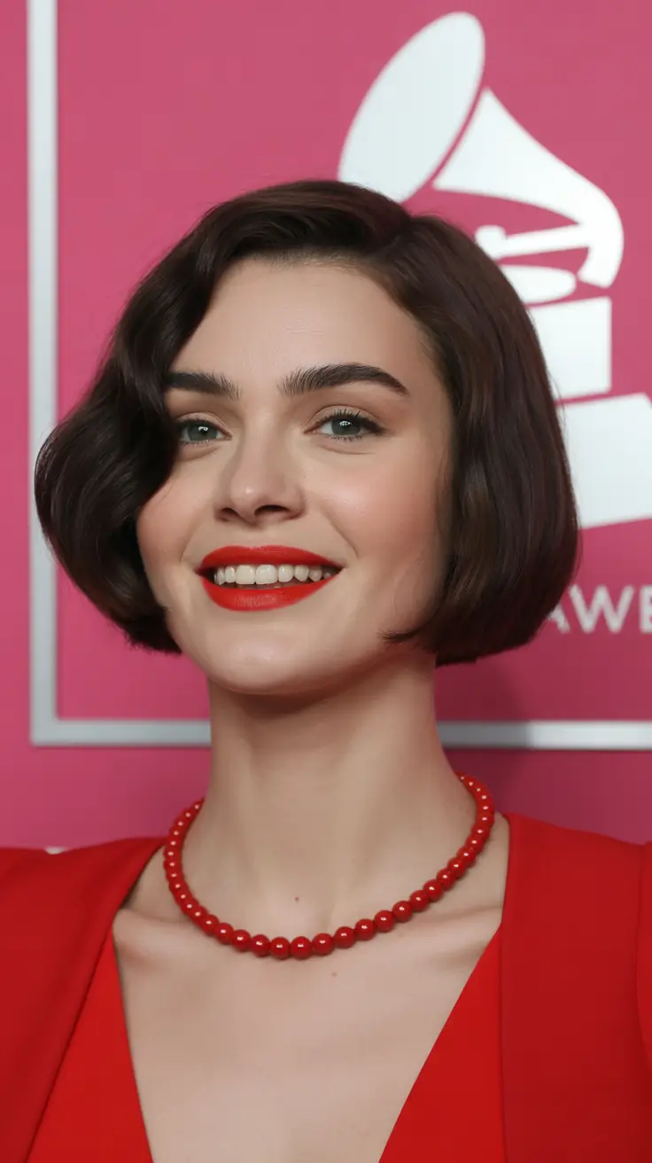 trendy spring brunette hair color 2026 Retro-Inspired Short Brunette Bob With a Polished Edge