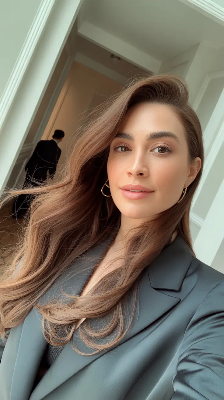 trendy spring brunette hair color 2026 Soft Balayage Brunette With Springlight Movement