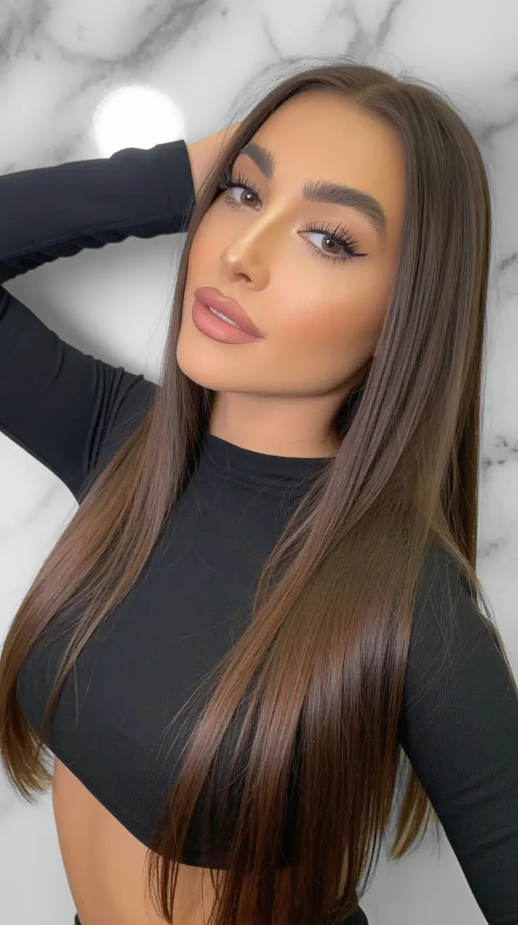 trendy spring brunette hair color 2026 Ultra-Sleek Cool Brunette With Contour Shine