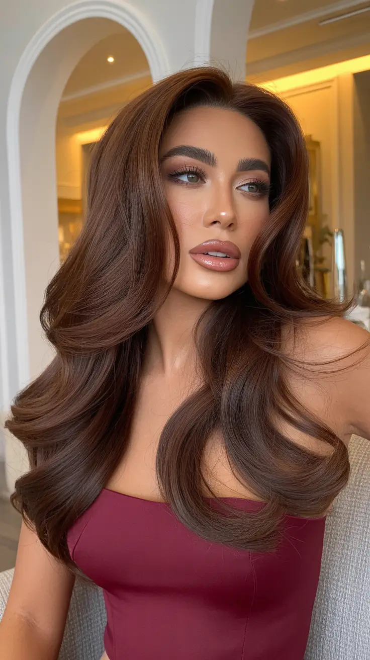 trendy spring brunette hair color 2026 Glamorous Mahogany Brunette With Spring Volume