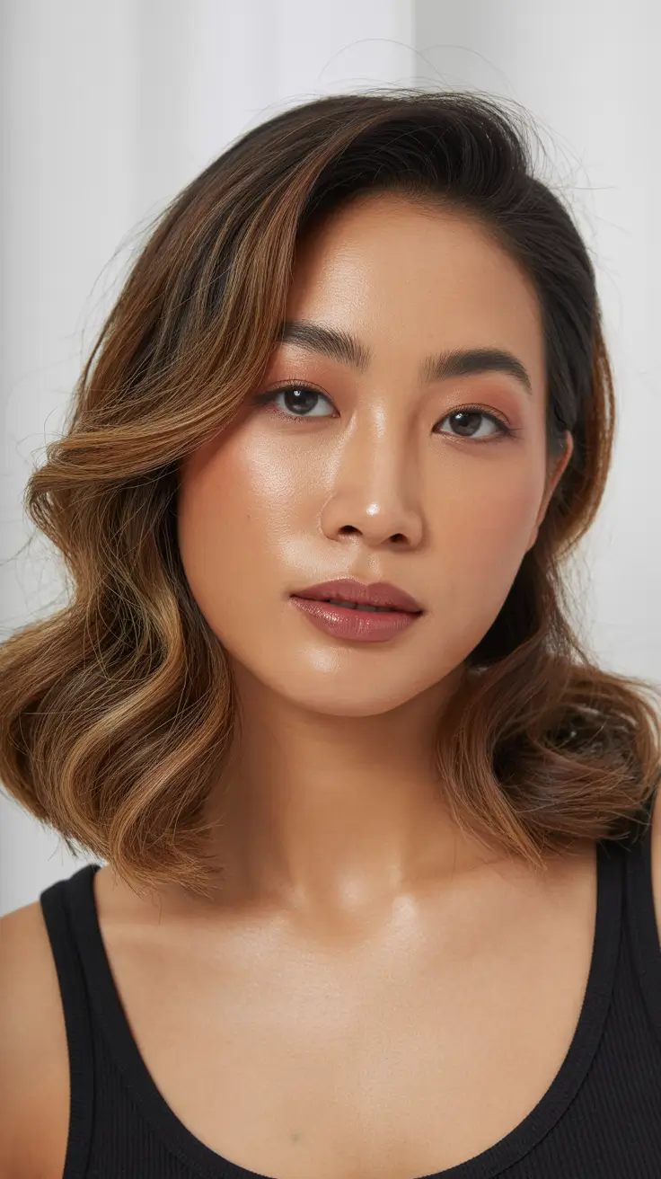 trendy spring brunette hair color 2026 Modern Wavy Brunette With Subtle Balayage Warmth