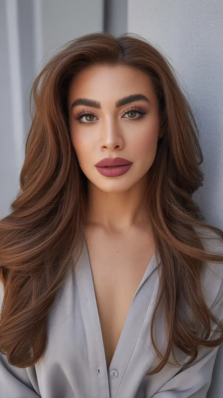 trendy spring brunette hair color 2026 Golden-Chestnut Brunette With Airy Spring Layers