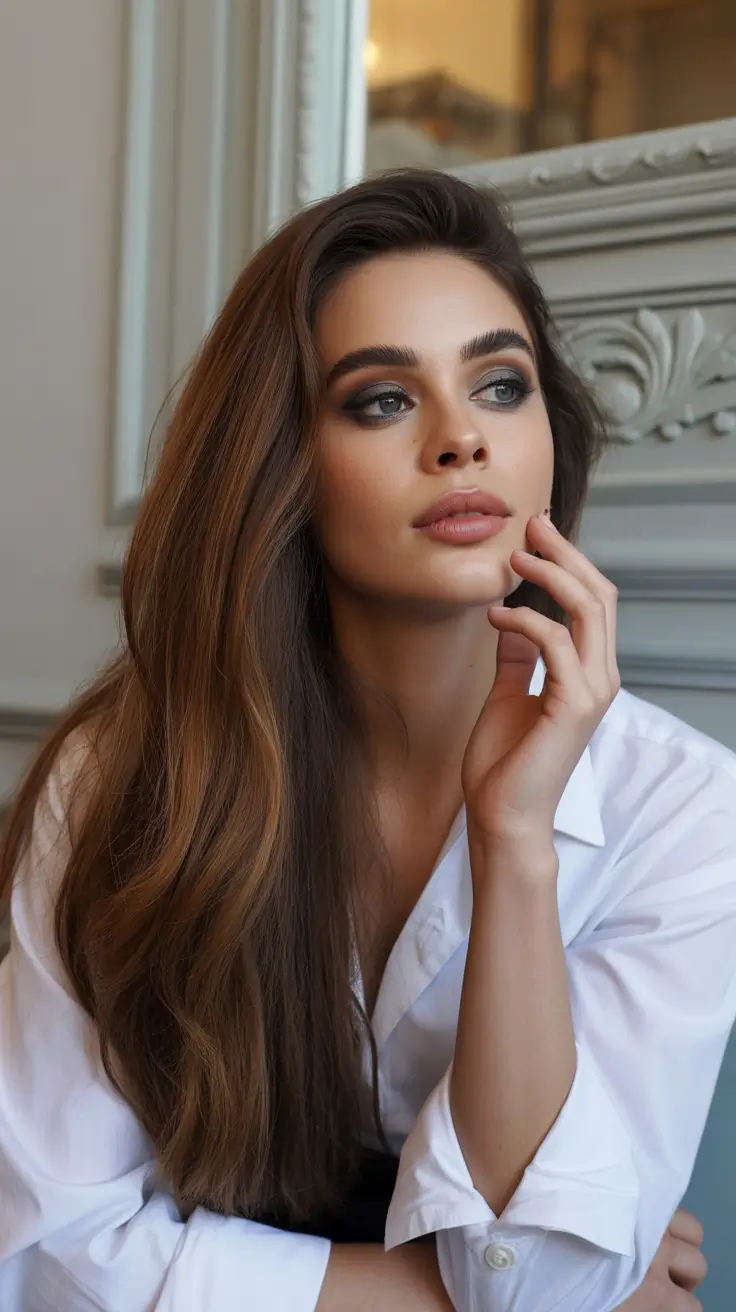 trendy spring brunette hair color 2026 Soft Sculpted Brunette With Gentle Spring Warmth