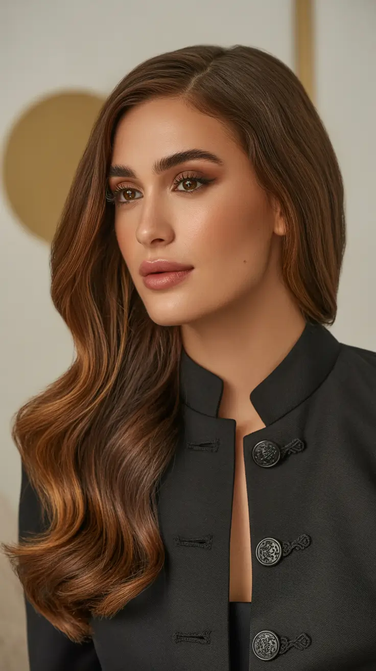 trendy spring brunette hair color 2026 Elegant Brunette Waves With Rich Caramel Depth