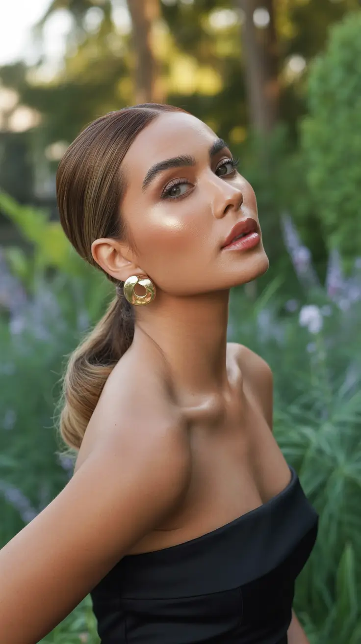 trendy spring brunette hair color 2026 Sleek Low-Pony Brunette With Sculpted Shine