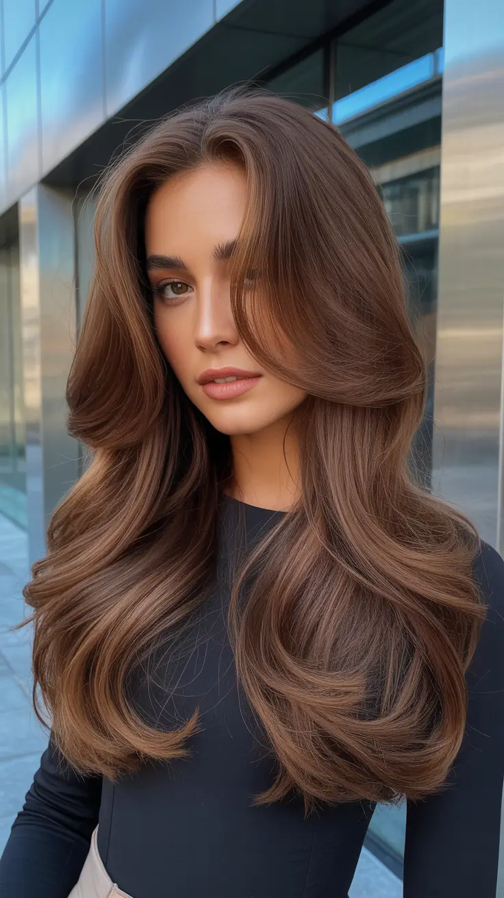trendy spring brunette hair color 2026 Voluminous Spring Layers in Rich Brunette