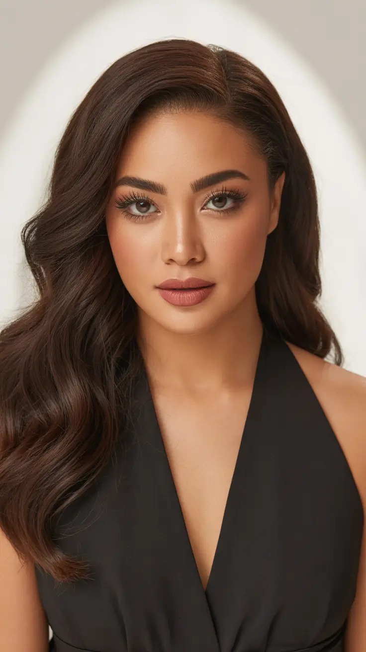 trendy spring brunette hair color 2026 Classic Deep Brunette Waves With Soft Spring Dimension