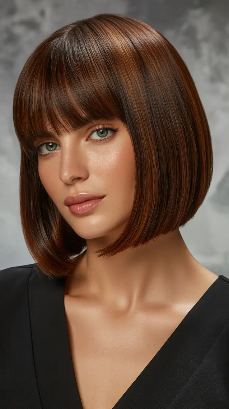 trendy spring brunette hair color 2026 Precision Bob With Glassy Brunette and Full Bangs