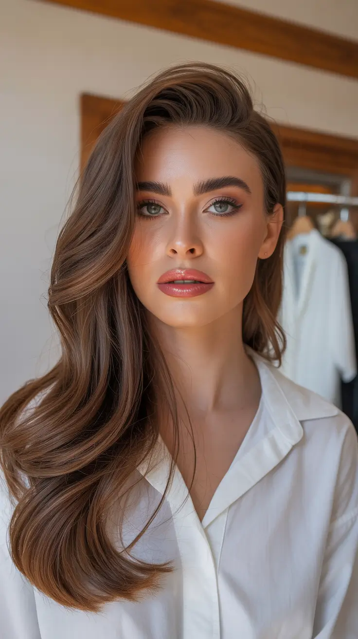 trendy spring brunette hair color 2026 Caramel-Tinted Brunette Waves With a Modern Side Sweep