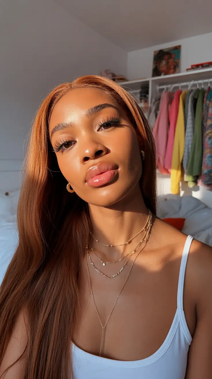 trendy spring hair color for dark skin 2026 Sunlit Cinnamon Glow