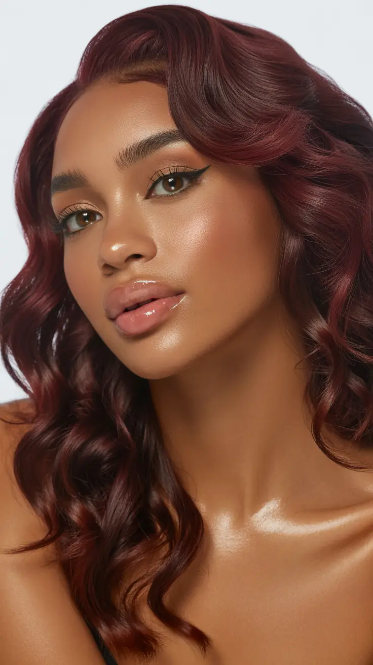trendy spring hair color for dark skin 2026 Berry Red Waves