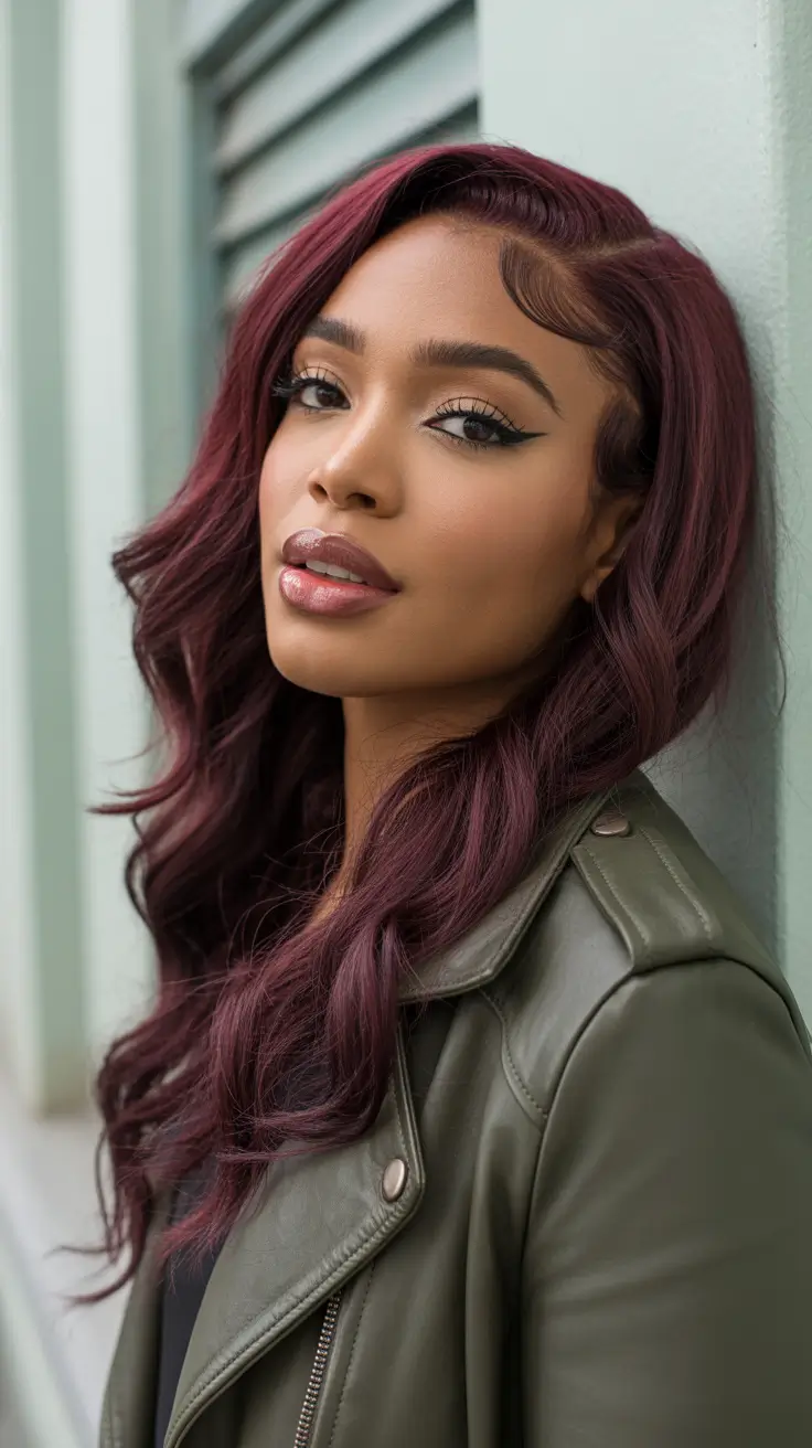 trendy spring hair color for dark skin 2026 Deep Merlot Waves